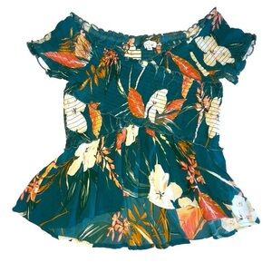 Patrons of Peace Green Tropical Floral Short Smocked Sleeve Babydoll Top Size M